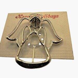 Angel Brooch Christmas PIn Rhinestone Eyes SilverTone Happy Holidays Card